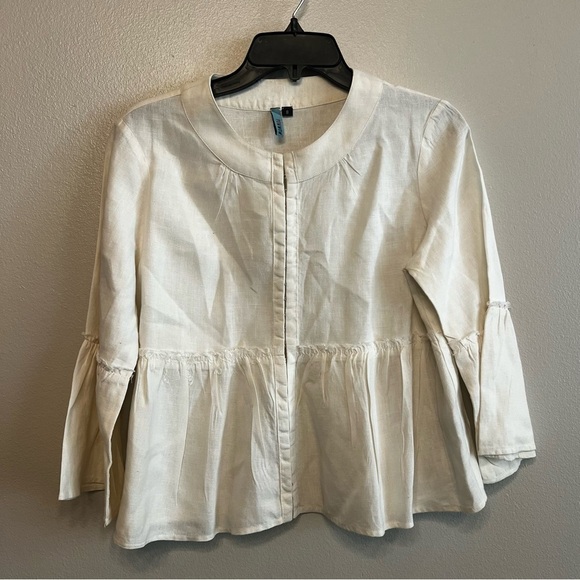 Pow Wow Tops - Chic‎ Cream Womens Peplum Ruffle Linen Hook Closure Blouse Size 8 Natural